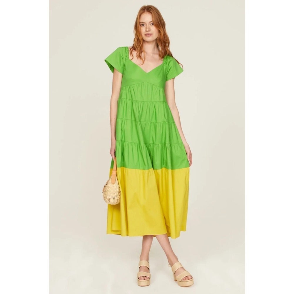 Donna‎ Morgan Dress Womens 2 Green Yellow Tiered Colorblock Maxi Pockets Resort